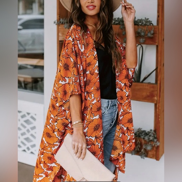 Tops - Boho Chic Festival Kimono Duster Orange Floral Open Front  Cover up XL